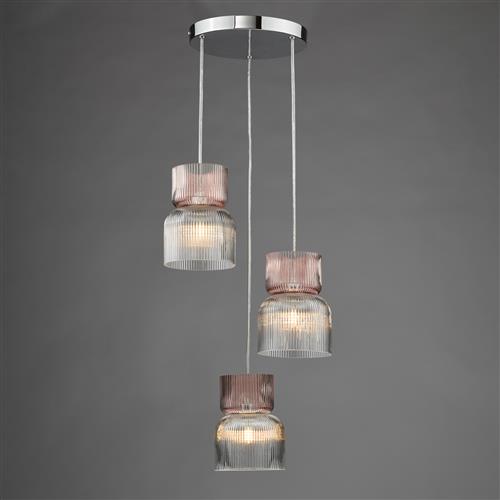 Auberta 3 Light Polished Chrome And Pink Ribbed Glass Cluster Pendant AUB0303