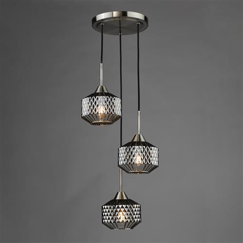 Fabrienne 3 Light Satin Nickel And Smoked Textured Glass Cluster Pendant FAB0338