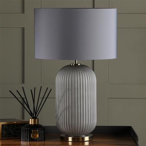 Helicon Grey Ribbed Table Lamp And Grey Faux Silk Shade HEL4239