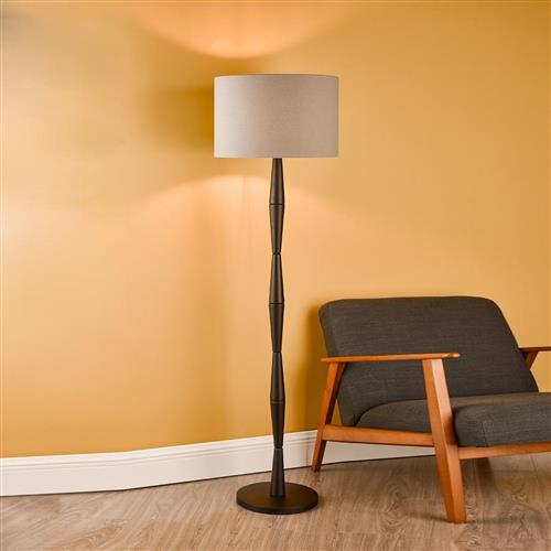 Sierra Satin Black Solid Wood & Grey Shade Geometric Floor Lamp SIE4922+PYR1839