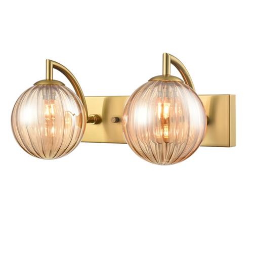 Globe Aged Brass And Amber Ribbed Glass Double IP44 Wall Light WB413-384