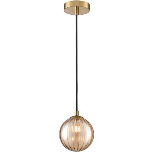 Globe Aged Brass And Amber Ribbed Glass IP44 Pendant PCH430-384