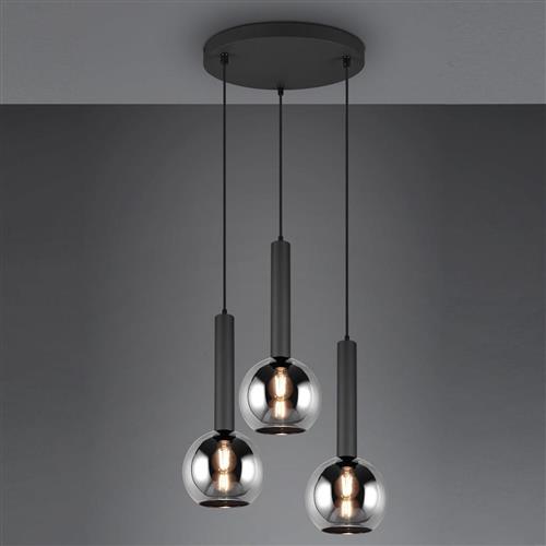 Clayton 3 light Matt Black & Smoked Glass Cluster Pendant 310390332