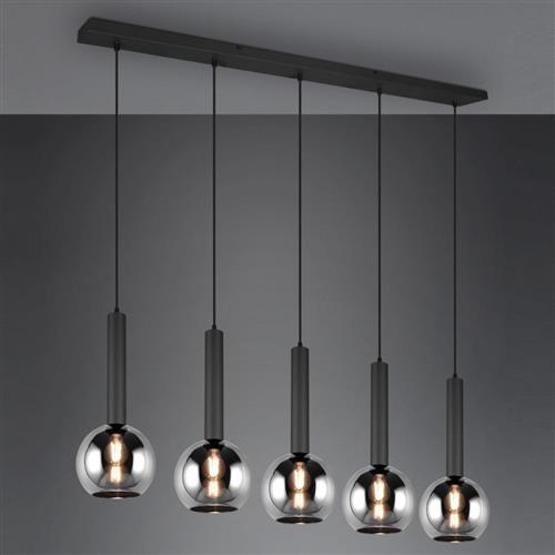 Clayton Five Light Matt Black & Smoked Glass Bar Pendant 310300532