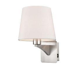 Benton Fabric Outer Tapered Shade & Satin Nickel USB Wall Light 