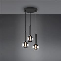 Clayton 3 light Matt Black & Smoked Glass Cluster Pendant 310390332