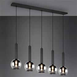 Clayton Five Light Matt Black & Smoked Glass Bar Pendant 310300532