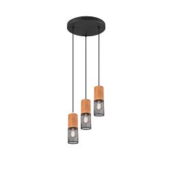 Tosh Matt Black And Wood Three Light Cluster Pendant