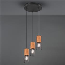 Tosh Matt Black And Wood Three Light Cluster Pendant