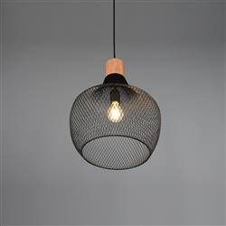 Valeria Large Matt Black Mesh And Wood Ceiling Pendant R31281932