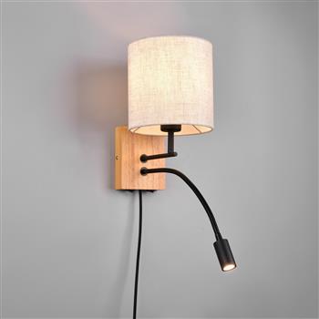 Nilam Natural Wood And Matt Black LED Reading Wall light 212879236