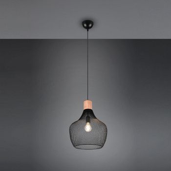 Valeria Large Matt Black Mesh And Wood Ceiling Pendant R31281932